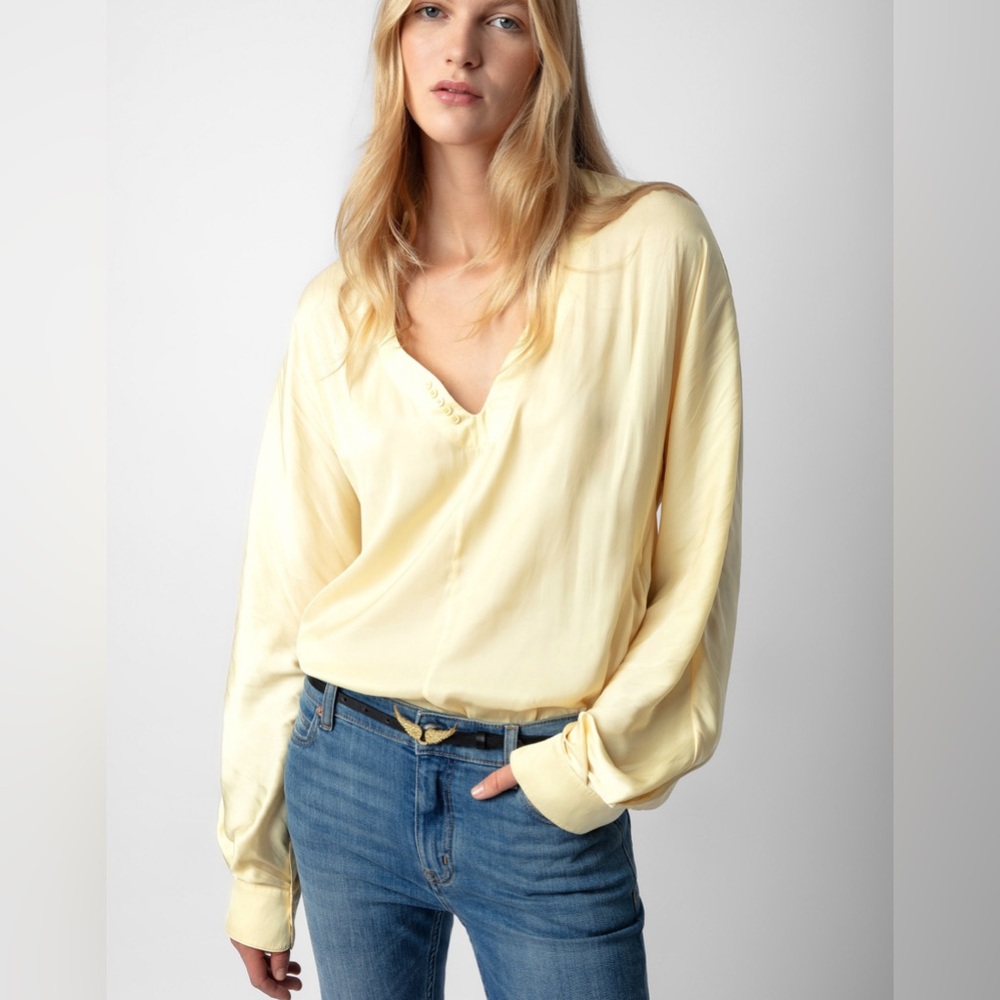 Zadig & Voltaire Light Yellow V-Neck Long Sleeve Tonastir Satin Top, France
